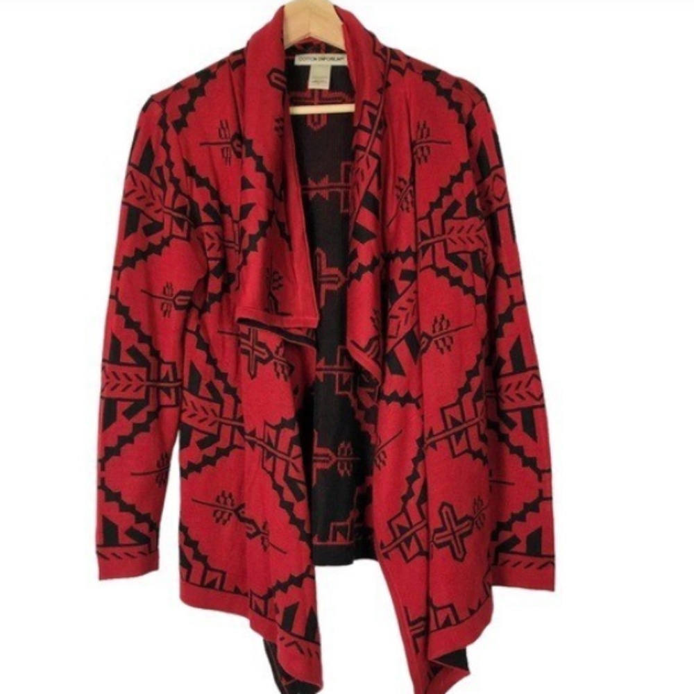 Cotton Emporium Red & Black Tribal Print Drape Front Cardigan Sweater